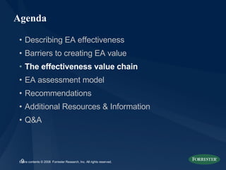 Agenda Describing EA effectiveness Barriers to creating EA value The effectiveness value chain   EA assessment model Recommendations Additional Resources & Information Q&A 