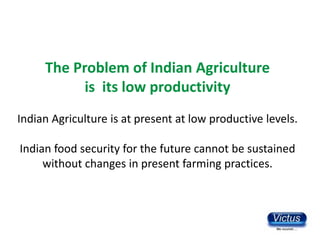 The Problem of Indian Agriculture
           is its low productivity
Indian Agriculture is at present at low productive le...