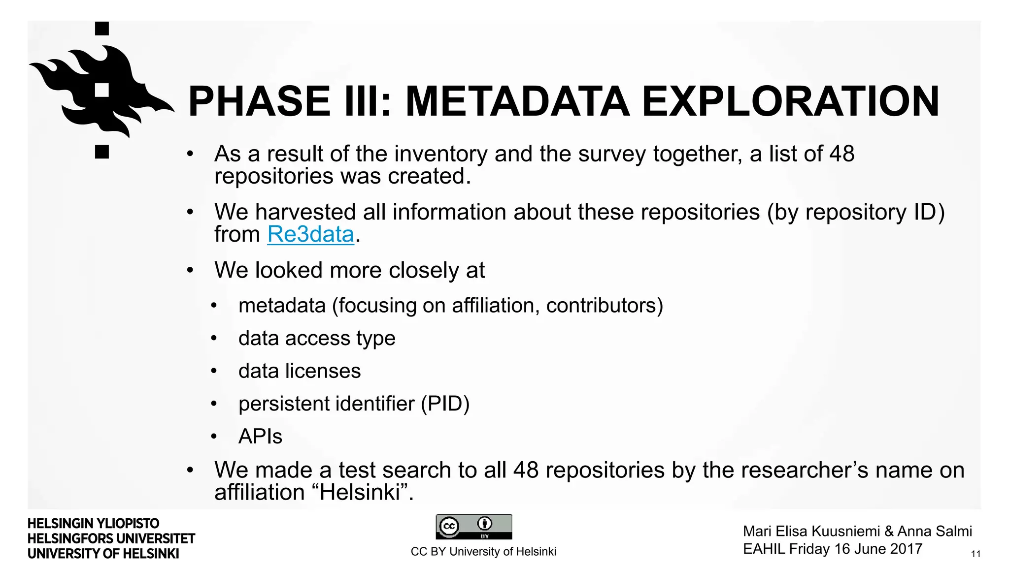 PHASE III: METADATA EXPLORATION
• As a result of the inventory and the survey together, a list of 48
repositories was created.
• We harvested all information about these repositories (by repository ID)
from Re3data.
• We looked more closely at
• metadata (focusing on affiliation, contributors)
• data access type
• data licenses
• persistent identifier (PID)
• APIs
• We made a test search to all 48 repositories by the researcher’s name on
affiliation “Helsinki”.
11CC BY University of Helsinki
Mari Elisa Kuusniemi & Anna Salmi
EAHIL Friday 16 June 2017
 