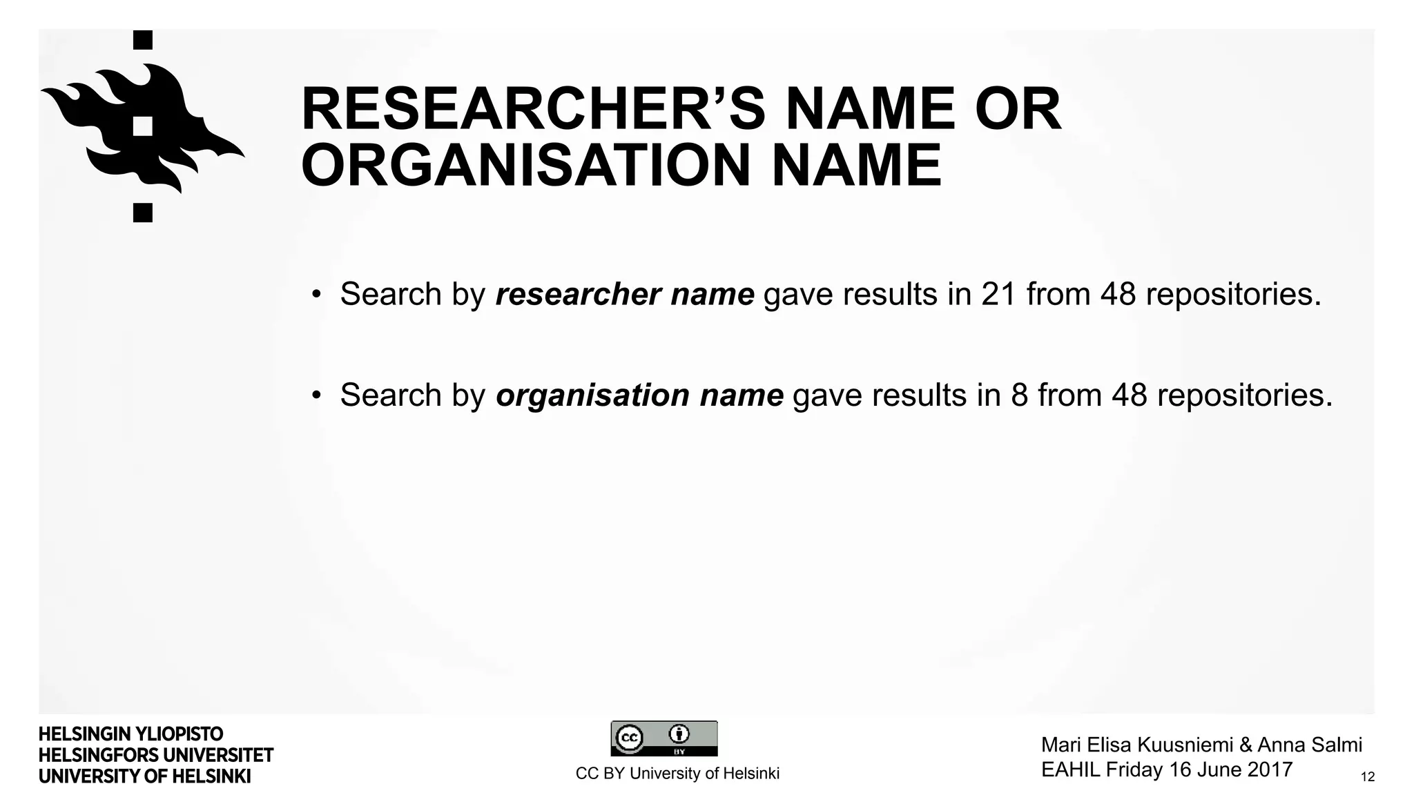 RESEARCHER’S NAME OR
ORGANISATION NAME
• Search by researcher name gave results in 21 from 48 repositories.
• Search by organisation name gave results in 8 from 48 repositories.
12
Mari Elisa Kuusniemi & Anna Salmi
EAHIL Friday 16 June 2017CC BY University of Helsinki
 