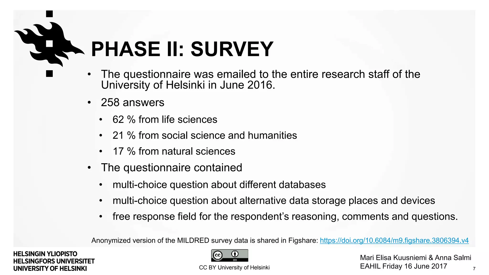 PHASE II: SURVEY
• The questionnaire was emailed to the entire research staff of the
University of Helsinki in June 2016.
• 258 answers
• 62 % from life sciences
• 21 % from social science and humanities
• 17 % from natural sciences
• The questionnaire contained
• multi-choice question about different databases
• multi-choice question about alternative data storage places and devices
• free response field for the respondent’s reasoning, comments and questions.
7CC BY University of Helsinki
Mari Elisa Kuusniemi & Anna Salmi
EAHIL Friday 16 June 2017
Anonymized version of the MILDRED survey data is shared in Figshare: https://doi.org/10.6084/m9.figshare.3806394.v4
 