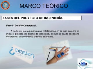 MARCO TEÓRICO
Fase II: Diseño Conceptual.
A partir de los requerimientos establecidos en la fase anterior se
inicia el proceso de diseño de ingeniería, el cual se divide en diseño
conceptual, diseño básico y diseño en detalle.
FASES DEL PROYECTO DE INGENIERÍA.
 