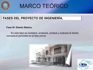 MARCO TEÓRICO
Fase III: Diseño Básico.
En esta fase se modelará, analizará, probará y evaluará el diseño
conceptual generado en la fase previa
FASES DEL PROYECTO DE INGENIERÍA.
 
