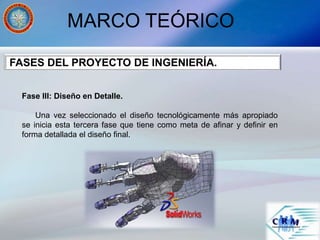 MARCO TEÓRICO
Fase III: Diseño en Detalle.
Una vez seleccionado el diseño tecnológicamente más apropiado
se inicia esta tercera fase que tiene como meta de afinar y definir en
forma detallada el diseño final.
FASES DEL PROYECTO DE INGENIERÍA.
 