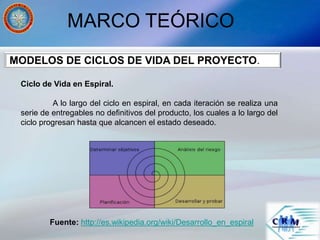 Ciclo de Vida en Espiral.
A lo largo del ciclo en espiral, en cada iteración se realiza una
serie de entregables no definitivos del producto, los cuales a lo largo del
ciclo progresan hasta que alcancen el estado deseado.
MARCO TEÓRICO
Fuente: http://es.wikipedia.org/wiki/Desarrollo_en_espiral
MODELOS DE CICLOS DE VIDA DEL PROYECTO.
 