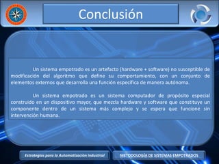 Estrategias para la Automatización Industrial METODOLOGÍA DE SISTEMAS EMPOTRADOS
Conclusión
Un sistema empotrado es un artefacto (hardware + software) no susceptible de
modificación del algoritmo que define su comportamiento, con un conjunto de
elementos externos que desarrolla una función específica de manera autónoma.
Un sistema empotrado es un sistema computador de propósito especial
construido en un dispositivo mayor, que mezcla hardware y software que constituye un
componente dentro de un sistema más complejo y se espera que funcione sin
intervención humana.
 