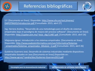 Estrategias para la Automatización Industrial METODOLOGÍA DE SISTEMAS EMPOTRADOS
Referencias bibliográficas
h/
S.F. [Documento en línea]. Disponible: http://www.uhu.es/raul.jimenez/
EMPOTRADO/introduccion.pdf [Consultado: 2015, abril 27]
Ing. Herrera Andrea. “Desarrollo de una metodología para el diseño de sistemas
empotrados bajo el paradigma de mejora del proceso software”. [Documento en línea].
Disponible: http://jupiter.utm.mx/~tesis_dig/11487.pdf [Consultado: 2015, abril 26]
Vilajosana Ignasi. Introducción a los sistemas empotrados. [Documento en línea].
Disponible: http://www.exabyteinformatica.com/uoc/Informatica/Sistemas
_empotrados/Sistemas_empotrados_(Modulo_1).pdf [Consultado: 2015, abril 26]
Gutiérrez Guerrero José, Desarrollo de sistemas industriales mediante dispositivos
empotrados basados en Java.[Documento en linea].Disponible en:
http://www.ugr.es/~sandra/doc/Gutierrez-Guerrero2013.pdf
 