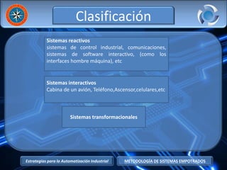 Estrategias para la Automatización Industrial METODOLOGÍA DE SISTEMAS EMPOTRADOS
Clasificación
Sistemas reactivos
sistemas de control industrial, comunicaciones,
sistemas de software interactivo, (como los
interfaces hombre máquina), etc
Sistemas interactivos
Cabina de un avión, Teléfono,Ascensor,celulares,etc
Sistemas transformacionales
 