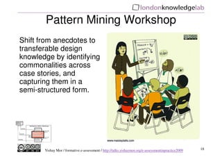 Pattern Mining Workshop
Shift from anecdotes to
transferable design
knowledge by identifying
commonalities across
case stories, and
capturing them in a
semi-structured form.




       Yishay Mor / formative e-assessment / http://talks.yishaymor.org/e-assessmentinpractice2009   18
 