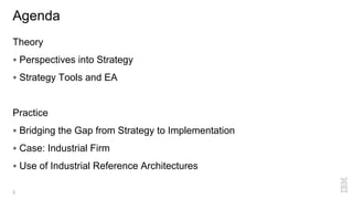 Agenda
Theory
§ Perspectives into Strategy
§ Strategy Tools and EA
Practice
§ Bridging the Gap from Strategy to Implementation
§ Case: Industrial Firm
§ Use of Industrial Reference Architectures
2
 
