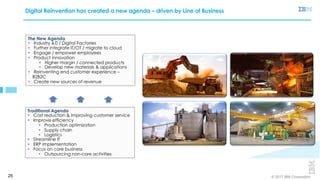 © 2017 IBM Corporation25
Digital Reinvention has created a new agenda – driven by Line of Business
The New Agenda
§ Industry 4.0 / Digital Factories
§ Further integrate IT/OT / migrate to cloud
§ Engage / empower employees
§ Product innovation
§ Higher margin / connected products
§ Develop new materials & applications
§ Reinventing end customer experience –
B2B2C
§ Create new sources of revenue
Traditional Agenda
§ Cost reduction & improving customer service
§ Improve efficiency
§ Production optimization
§ Supply chain
§ Logistics
§ Streamline IT
§ ERP implementation
§ Focus on core business
§ Outsourcing non-core activities
 