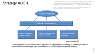 Strategy ABC’s…
Successful strategy
Effective implementation
Simple, consistent,
long-term goals
Profound understanding
of the environment
Objective appraisal of
resources
source: Grant (2008)
‘A strategy that is formulated without regard to its implementation is likely to be fatally flawed. At
the same time it is through their implementation that strategies adapt and emerge’
...the determination of the basic long term goals and objectives of
an enterprise, and the adoption of courses of action and the
allocation of resources necessary for carrying out these goals…
Alfred P. Chandler (1962) Strategy and Structure: Chapters in the History of the
American Enterprise, Cambridge, Mass: MIT Press, p.13
 