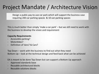 This is much better than simply ‘make a car park’ – but we still need to work with
the business to develop the vision and requirement
Capacity Requirements
- Accessible parking?
- Motorbikes?
- Definition of Vans? & Cars?
Top Down – work with the business to find out what they need
Bottom Up – look at the technical design and feed back what can be achieved
EA is meant to be done Top Down but can support a Bottom Up approach
- Approved standards base
- Reusable architectural blocks
- Reusable solutions blocks
Project Mandate / Architecture Vision
Design a public pay-to-use car park which will support the business case
requiring 200 car parking spaces & 10 van parking spaces
 