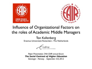 Inﬂuence of Organizational Factors on
the roles of Academic Middle Managers
                   Ton Kallenberg
      Erasmus Universiteit Rotterdam - The Netherlands




         Paper Presentation 34th EAIR annual forum
       The Social Contract of Higher Education
         Stavanger - Norway - September 5-8, 2012
 