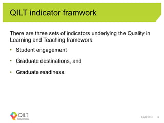 QILT indicator framwork
There are three sets of indicators underlying the Quality in
Learning and Teaching framework:
• Student engagement
• Graduate destinations, and
• Graduate readiness.
EAIR 2015 19
 