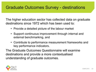 Graduate Outcomes Survey - destinations
The higher education sector has collected data on graduate
destinations since 1972 which has been used to:
 Provide a detailed picture of the labour market
 Support continuous improvement through internal and
external benchmarking, and
 Contribute to performance measurement frameworks and
key performance indicators.
The Graduate Outcomes Questionnaire will examine
destinations and provide a more contextualised
understanding of graduate outcomes.
EAIR 2015 23
 