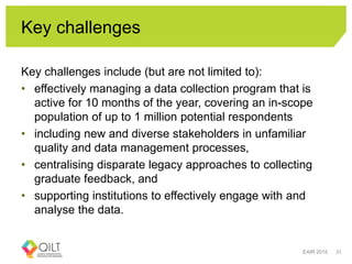 Key challenges
Key challenges include (but are not limited to):
• effectively managing a data collection program that is
active for 10 months of the year, covering an in-scope
population of up to 1 million potential respondents
• including new and diverse stakeholders in unfamiliar
quality and data management processes,
• centralising disparate legacy approaches to collecting
graduate feedback, and
• supporting institutions to effectively engage with and
analyse the data.
EAIR 2015 31
 