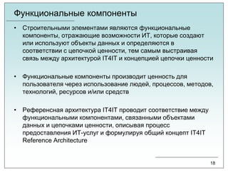 Функциональные компоненты
• Строительными элементами являются функциональные
компоненты, отражающие возможности ИТ, которые создают
или используют объекты данных и определяются в
соответствии с цепочкой ценности, тем самым выстраивая
связь между архитектурой IT4IT и концепцией цепочки ценности
• Функциональные компоненты производит ценность для
пользователя через использование людей, процессов, методов,
технологий, ресурсов и/или средств
• Референсная архитектура IT4IT проводит соответствие между
функциональными компонентами, связанными объектами
данных и цепочками ценности, описывая процесс
предоставления ИТ-услуг и формулируя общий концепт IT4IT
Reference Architecture
18
 