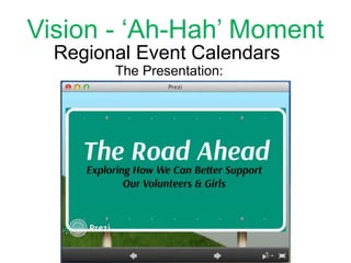 Vision - ‘Ah-Hah’ Moment
Regional Event Calendars
The Presentation:
 
