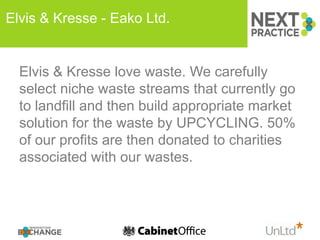 Elvis & Kresse - Eako Ltd.


  Elvis & Kresse love waste. We carefully
  select niche waste streams that currently go
  to landfill and then build appropriate market
  solution for the waste by UPCYCLING. 50%
  of our profits are then donated to charities
  associated with our wastes.
 