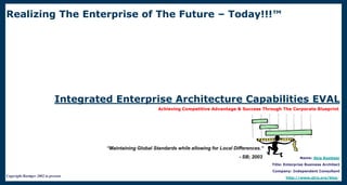 Realizing The Enterprise of The Future – Today!!!™




                              Integrated Enterprise Architecture Capabilities EVAL
                                                             Achieving Competitive Advantage & Success Through The Corporate Blueprint




                                       “Maintaining Global Standards while allowing for Local Differences.“
                                                                                                - SB; 2003                  Name: Skip Boettger
                                                                                                              Title: Enterprise Business Architect
                                                                                                              Company: Independent Consultant
Copyright Boettger 2002 to present                                                                                   http://www.gtra.org/blog/
 