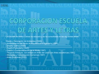 CORPORACION ESCUELA DE ARTES Y LETRASLa Escuela de Artes y Letras ha educado y se ha consolidado en las siguientes areas:Diseño y Decoración de Ambientes (1995) - Administración de Obras de Arquitectura e Ingeniería (1995) - Diseño Grafico (1995) - Diseño Publicitario (1995) - Diseño y Comercialización de la Moda (1997) - Técnicas Artísticas, con énfasis en Artes del color o en Artes escultóricas (1997) - Mercadeo y Comunicación Comercial (1997) - Artes Escénicas (2001)