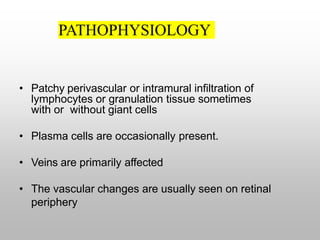 PATHOPHYSIOLOGY
• Patchy perivascular or intramural infiltration of
lymphocytes or granulation tissue sometimes
with or without giant cells
• Plasma cells are occasionally present.
• Veins are primarily affected
• The vascular changes are usually seen on retinal
periphery
 