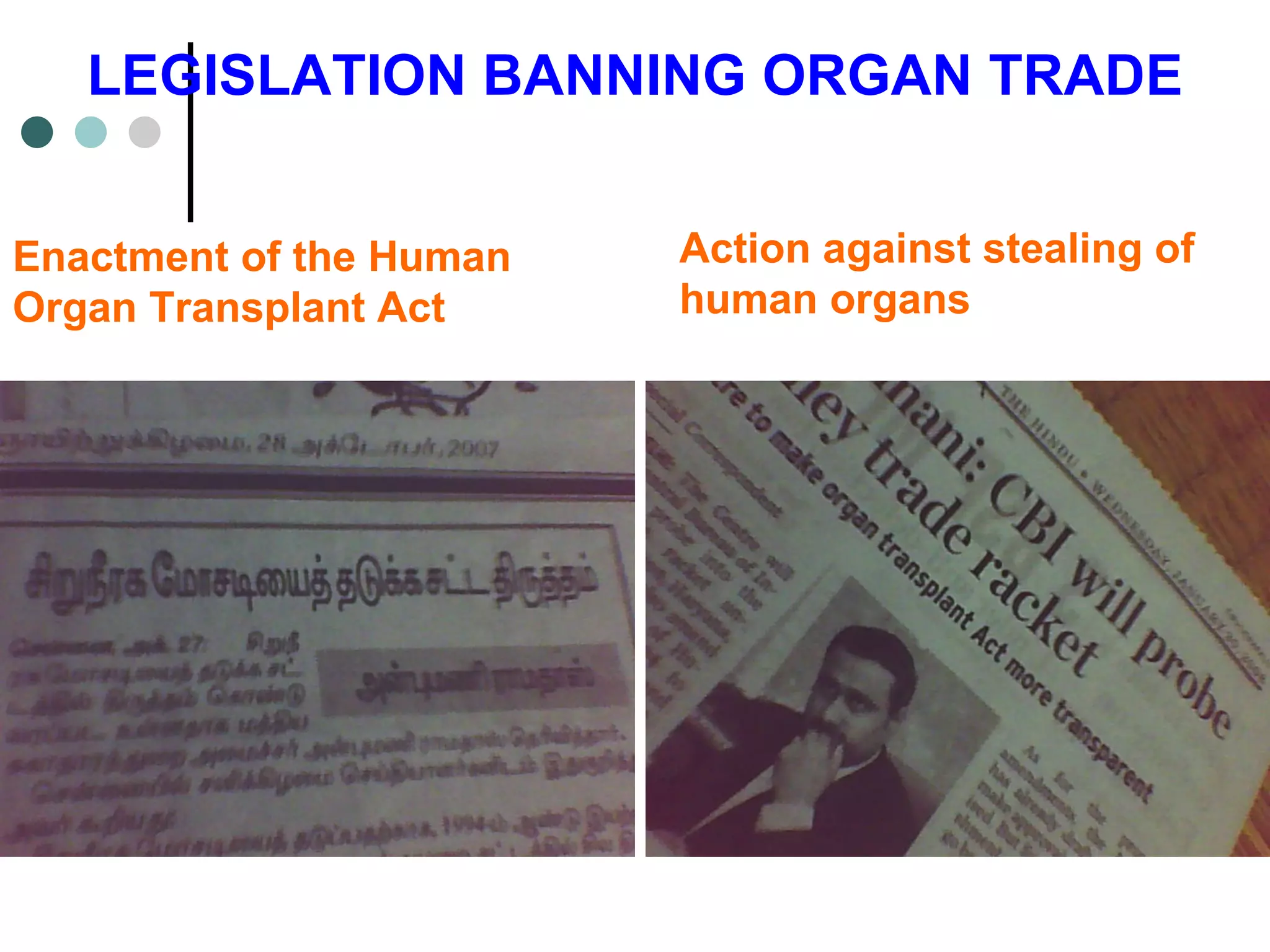 LEGISLATION BANNING ORGAN TRADE Enactment of the Human Organ Transplant Act Action against stealing of human organs 