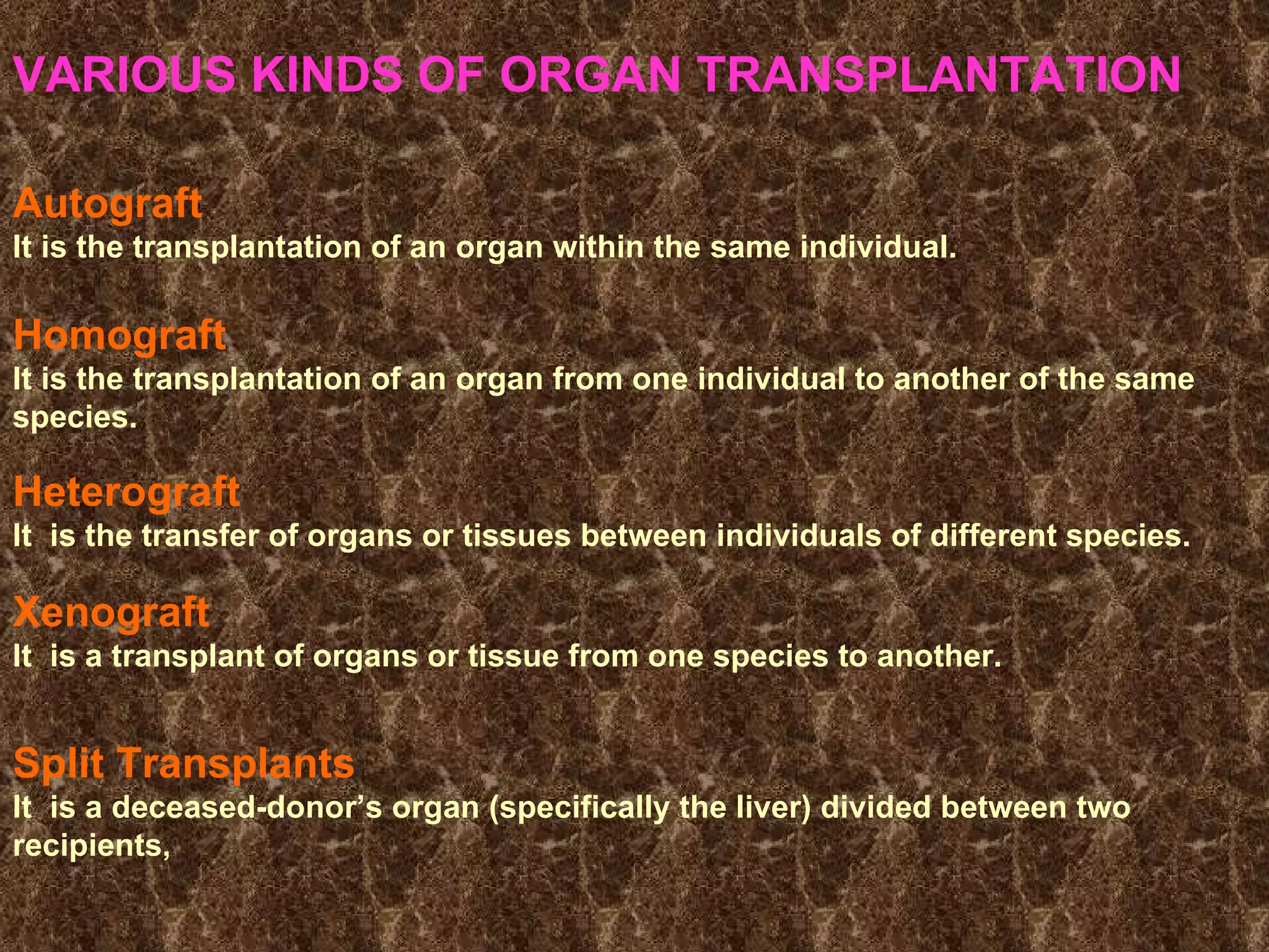 VARIOUS KINDS OF ORGAN TRANSPLANTATION Autograft It is the transplantation of an organ within the same individual.  Homograft It is the transplantation of an organ from one individual to another of the same species.  Heterograft  It  is the transfer of organs or tissues between individuals of different species.  Xenograft It  is a transplant of organs or tissue from one species to another.   Split Transplants It  is a deceased-donor’s organ (specifically the liver) divided between two recipients,   