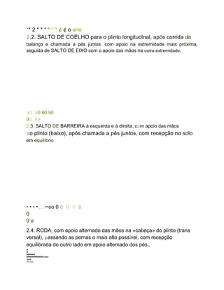 ** 2 * * * * * * ¢ ¢ o ano
2.2. SALTO DE COELHO para o plinto longitudinal, após corrida de
balanço e chamada a pés juntos, com apoio na extremidade mais próxima,
seguida de SALTO DE EIXO com o apoio das mãos na outra extremidade.
90 90 90 90
90 89
2.3. SALTO DE BARREIRA à esquerda e à direita, com apoio das mãos
no plinto (baixo), após chamada a pés juntos, com recepção no solo
em equilíbrio.
• • • • . . ••oo 0 0 0 0 0
0
0 o
S
2.4. RODA, com apoio alternado das mãos na «cabeça» do plinto (trans
versal), passando as pernas o mais alto possível, com recepção
equilibrada do outro lado em apoio alternado dos pés.
W
W
WWWWW
WWWWWWWWWW.www
.www .
VIV-iviw.
 