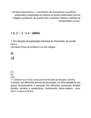 . Combinar deslocamentos, movimentos não locomotores e equilibrios
adequados à expressão de motivos ou temas combinados com os
colegas e professor, de acordo com a estrutura rítmica e melodia de
composições musicais.
1.9, 2.°, 3.° e 4.° ANOS
1. Em situação de exploração individual do movimento, de acordo
com a
marcação rítmica do professor e ou dos colegas:
ix
ull
US
$ $
$ $
$ 60
1.1. Deslocar-se em toda a área (percorrendo todas as direcções, sentidos
e zonas), nas diferentes formas de locomoção, no ritmo-sequência dos
apoios correspondente à marcação dos diferentes compassos simples
(binário, ternário e quaternário), combinando «lento-rápido», «forte-
fraco» e «pausa-continuo»;
 