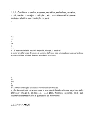 1.1.1. Combinar o andar, o correr, o saltitar, o deslizar, o saltar,
o cair, o rolar, o rastejar, o rodopiar, etc., em todas as direc ções e
sentidos definidos pela orientação corporal.
.
.
ro
***
**
*
**
8
* *
1.1.2. Realizar saltos de pequena amplitude, no lugar, a andar e *
a correr em diferentes direcções e sentidos definidos pela orientação corporal, variando os
apoios (dois-dois, um-dois, dois-um, um-mesmo, um-outro).
0
W
T 97
9
9 5
1.1.3. Utilizar combinações pessoais de movimentos locomotores 60
e não locomotores para expressar a sua sensibilidade a temas sugeridos pelo
professor (imagens, sensações, emo ções, histórias, canções, etc.), que
inspirem diferentes modos e qualidades de movimento.
2.0, 3.° e 4.° ANOS
 