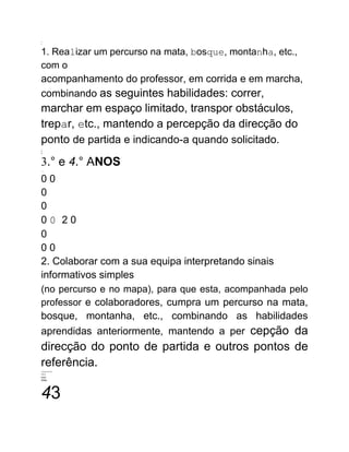 1
l.
1. Realizar um percurso na mata, bosque, montanha, etc.,
com o
acompanhamento do professor, em corrida e em marcha,
combinando as seguintes habilidades: correr,
marchar em espaço limitado, transpor obstáculos,
trepar, etc., mantendo a percepção da direcção do
ponto de partida e indicando-a quando solicitado.
...
in
m
3.° e 4.° ANOS
-----
0 0
0
0
0 0 2 0
0
0 0
2. Colaborar com a sua equipa interpretando sinais
informativos simples
(no percurso e no mapa), para que esta, acompanhada pelo
professor e colaboradores, cumpra um percurso na mata,
bosque, montanha, etc., combinando as habilidades
aprendidas anteriormente, mantendo a per cepção da
direcção do ponto de partida e outros pontos de
referência.
--JuwwwwvULI
18.A.
www
YYILI
43
 