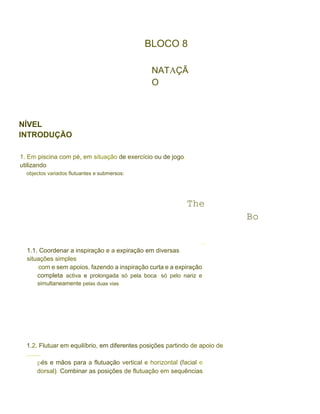 BLOCO 8
NATAÇÃ
O
NÍVEL
INTRODUÇÃO
1. Em piscina com pé, em situação de exercício ou de jogo,
utilizando
objectos variados flutuantes e submersos:
The
Bo
..
1.1. Coordenar a inspiração e a expiração em diversas
situações simples
com e sem apoios, fazendo a inspiração curta e a expiração
completa activa e prolongada só pela boca, só pelo nariz e
simultaneamente pelas duas vias.
1.2. Flutuar em equilíbrio, em diferentes posições partindo de apoio de
........
pés e mãos para a flutuação vertical e horizontal (facial e
dorsal). Combinar as posições de flutuação em sequências
 