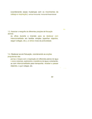 (coordenando essas mudanças com os movimentos da
cabeça e respiração): vertical-horizontal, horizontal facial-dorsal.
os
1.3. Associar o mergulho às diferentes posições de flutuação
abrindo
os olhos durante a imersão para se deslocar com
intencionalidade em tarefas simples (apanhar objectos,
seguir colegas, etc.), a vários níveis de profundidade.
1.4. Deslocar-se em flutuação, coordenando as acções
propulsivas das
pernas e braços com a respiração em diferentes planos de água
e eixos corporais, explorando a resistência da água e orientando-
se com intencionalidade para transportar, receber e passar
objectos, seguir colegas, etc.
O
O O OOO
44
 