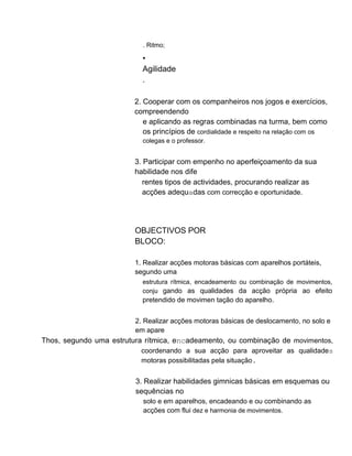 . Ritmo;
•
Agilidade
.
2. Cooperar com os companheiros nos jogos e exercícios,
compreendendo
e aplicando as regras combinadas na turma, bem como
os princípios de cordialidade e respeito na relação com os
colegas e o professor.
3. Participar com empenho no aperfeiçoamento da sua
habilidade nos dife
rentes tipos de actividades, procurando realizar as
acções adequadas com correcção e oportunidade.
OBJECTIVOS POR
BLOCO:
1. Realizar acções motoras básicas com aparelhos portáteis,
segundo uma
estrutura rítmica, encadeamento ou combinação de movimentos,
conju gando as qualidades da acção própria ao efeito
pretendido de movimen tação do aparelho.
2. Realizar acções motoras básicas de deslocamento, no solo e
em apare
Thos, segundo uma estrutura rítmica, encadeamento, ou combinação de movimentos,
coordenando a sua acção para aproveitar as qualidades
motoras possibilitadas pela situação.
3. Realizar habilidades gimnicas básicas em esquemas ou
sequências no
solo e em aparelhos, encadeando e ou combinando as
acções com flui dez e harmonia de movimentos.
 