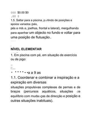 000 $0.00 $0
.00 $
1.5. Saltar para a piscina, partindo de posições e
apoios variados (pés,
pés e mãos, joelhos, frontal e lateral), mergulhando
para apanhar um objecto no fundo e voltar para
uma posição de flutuação.
............
-
.-
.
-
.
M
L
NÍVEL ELEMENTAR
..............
1. Em piscina com pé, em situação de exercício
ou de jogo:
...
..
"
..
..-
UUUU"....
-----
.
ULULLI
nm
wwwwwwwwwww
* * * * * • •a a 9 as
1.1. Coordenar e combinar a inspiração e a
expiração em diversas
situações propulsivas complexas de pernas e de
braços (percursos aquáticos, situações de
equilíbrio com mudanças de direcção e posição e
outras situações inabituais).
 