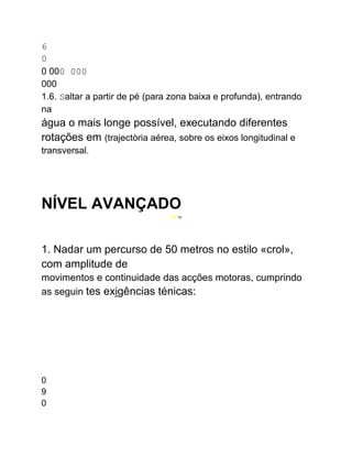 6
0
0 000 000
000
1.6. Saltar a partir de pé (para zona baixa e profunda), entrando
na
água o mais longe possível, executando diferentes
rotações em (trajectòria aérea, sobre os eixos longitudinal e
transversal.
NÍVEL AVANÇADO
ITA Til
1. Nadar um percurso de 50 metros no estilo «crol»,
com amplitude de
movimentos e continuidade das acções motoras, cumprindo
as seguin tes exigências ténicas:
0
9
0
 