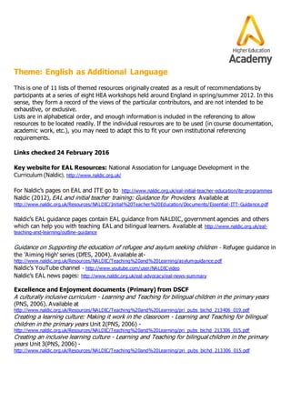 Theme: English as Additional Language
This is one of 11 lists of themed resources originally created as a result of recommendations by
participants at a series of eight HEA workshops held around England in spring/summer 2012. In this
sense, they form a record of the views of the particular contributors, and are not intended to be
exhaustive, or exclusive.
Lists are in alphabetical order, and enough information is included in the referencing to allow
resources to be located readily. If the individual resources are to be used (in course documentation,
academic work, etc.), you may need to adapt this to fit your own institutional referencing
requirements.
Links checked 24 February 2016
Key website for EAL Resources: National Association for Language Development in the
Curriculum (Naldic), http://www.naldic.org.uk/
For Naldic’s pages on EAL and ITE go to http://www.naldic.org.uk/eal-initial-teacher-education/ite-programmes
Naldic (2012), EAL and initial teacher training: Guidance for Providers. Available at
http://www.naldic.org.uk/Resources/NALDIC/Initial%20Teacher%20Education/Documents/Essential-ITT-Guidance.pdf
Naldic’s EAL guidance pages contain EAL guidance from NALDIC, government agencies and others
which can help you with teaching EAL and bilingual learners. Available at http://www.naldic.org.uk/eal-
teaching-and-learning/outline-guidance
Guidance on Supporting the education of refugee and asylum seeking children - Refugee guidance in
the 'Aiming High' series (DfES, 2004). Available at-
http://www.naldic.org.uk/Resources/NALDIC/Teaching%20and%20Learning/asylumguidance.pdf
Naldic’s YouTube channel - http://www.youtube.com/user/NALDICvideo
Naldic’s EAL news pages: http://www.naldic.org.uk/eal-advocacy/eal-news-summary
Excellence and Enjoyment documents (Primary) from DSCF
A culturally inclusive curriculum - Learning and Teaching for bilingual children in the primary years
(PNS, 2006). Available at
http://www.naldic.org.uk/Resources/NALDIC/Teaching%20and%20Learning/pri_pubs_bichd_213406_019.pdf
Creating a learning culture: Making it work in the classroom - Learning and Teaching for bilingual
children in the primary years Unit 2(PNS, 2006) -
http://www.naldic.org.uk/Resources/NALDIC/Teaching%20and%20Learning/pri_pubs_bichd_213306_015.pdf
Creating an inclusive learning culture - Learning and Teaching for bilingual children in the primary
years Unit 3(PNS, 2006) -
http://www.naldic.org.uk/Resources/NALDIC/Teaching%20and%20Learning/pri_pubs_bichd_213306_015.pdf
 