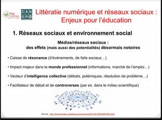 Littératie numérique et réseaux sociaux :
Enjeux pour l’éducation
1. Réseaux sociaux et environnement social
Médias/réseau...