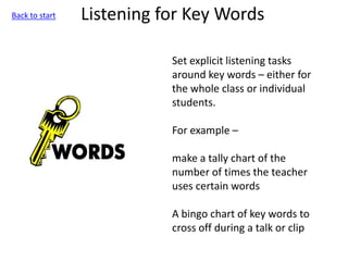 Listening for Key Words
Set explicit listening tasks
around key words – either for
the whole class or individual
students.
For example –
make a tally chart of the
number of times the teacher
uses certain words
A bingo chart of key words to
cross off during a talk or clip
Back to start
 