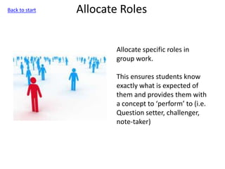 Allocate Roles
Allocate specific roles in
group work.
This ensures students know
exactly what is expected of
them and provides them with
a concept to ‘perform’ to (i.e.
Question setter, challenger,
note-taker)
Back to start
 