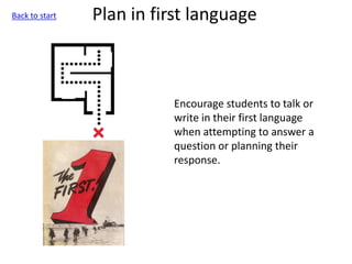 Plan in first language
Encourage students to talk or
write in their first language
when attempting to answer a
question or planning their
response.
Back to start
 