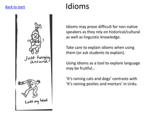 Idioms
Idioms may prove difficult for non-native
speakers as they rely on historical/cultural
as well as linguistic knowledge.
Take care to explain idioms when using
them (or ask students to explain).
Using idioms as a tool to explore language
may be fruitful…
‘It’s raining cats and dogs’ contrasts with
‘It’s raining pestles and mortars’ in Urdu.
Back to start
 