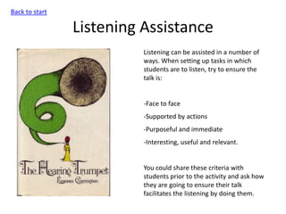 Listening Assistance
Back to start
Listening can be assisted in a number of
ways. When setting up tasks in which
students are to listen, try to ensure the
talk is:
-Face to face
-Supported by actions
-Purposeful and immediate
-Interesting, useful and relevant.
You could share these criteria with
students prior to the activity and ask how
they are going to ensure their talk
facilitates the listening by doing them.
 