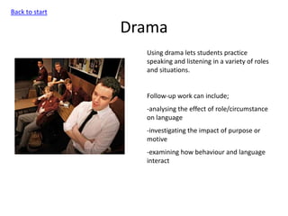 Drama
Back to start
Using drama lets students practice
speaking and listening in a variety of roles
and situations.
Follow-up work can include;
-analysing the effect of role/circumstance
on language
-investigating the impact of purpose or
motive
-examining how behaviour and language
interact
 