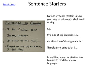 Sentence Starters
Provide sentence starters (also a
good way to get everybody down to
writing).
e.g.
One side of the argument is...
Another side of the argument is...
Therefore my conclusion is...
In addition, sentence starters can
be used to model academic
language.
Back to start
 