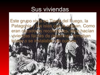 Sus viviendas Este grupo vivía en Tierra del Fuego, la Patagonia y las islas que la rodean.   Como eran cazadores recolectores, ellos hacían viviendas fáciles de desarmar. Armaban toldos o se instalaban en cuevas. 