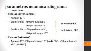parámetros neumocardiograma
• Eventos convencionales:
• Apnea >20´´.
• Bradicardia: <60lpm durante 5´´,
<80lpm durante 15´´
• Bradicardia: : <50lpm durante 5´´,
<60lpm durante 15´´
• Eventos “extremos”:
• Apnea >30´´ <60lpm durante 10´´ (<44s EPC), <50lpm durante
10´´ (≥ 44EPC). 30
en <44sem EPC
en ≥ 44sem EPC
CHIME GROUP
 