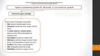 Algoritmo de abordaje del EAL propuesto por el Grupo de Trabajo de Muerte Súbita de la SCP
(se excluyen los neonatos ingresados en las Unidades Neonatales).
Anamnesis sugiere etiología
Ingreso + pulsioxímetro durante 24 - 48 horas& +/- con monitor de apneas#
Anamnesis NO sugiere etiología
Valorar según la patología sospechada:
• RGE: prueba indicada según centro.
• Infecciosa: estudio de orina, sangre, LCR y/o
heces .
• Si cuadro catarral o accesos de tos:
determinación VRS y/o Bordetella en
aspirado nasal.
• Neurológica: prueba de imagen, EEG.
• Maltrato: prueba de imagen cerebral, fondo
de ojo, serie esquelética y tóxicos en orina.
• Cardíaca: ECG, Holter, ecocardiografía.
• ORL: Radiografía lateral de laringe.
• Metabólica: estudio en sangre y orina.
38
 